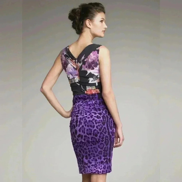 Dolce & Gabbana Leopard Floral Silk Mini Dress 44 M Ruched Draped Purple Black - Picture 7 of 10